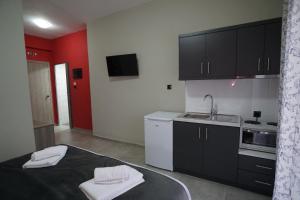 a small kitchen with black cabinets and a sink at Studio Maggana in Mángana