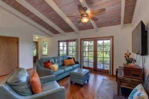 Hamakua Pukana La Hale home في Papaaloa: غرفة معيشة مع أريكة ومروحة سقف