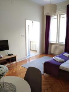 a bedroom with a bed and a table and a tv at Apartment Central in Belgrade