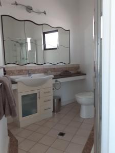 a bathroom with a sink and a toilet and a mirror at Boat Haven Studios in Goolwa