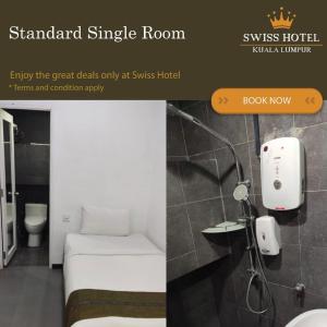 Swiss Hotel Kuala Lumpur في كوالالمبور: صورتين لغرفة بسرير وحمام