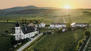 an aerial view of a white church in a vineyard at Schlaffass - Schlafen im Holzfass Thallern in Gumpoldskirchen