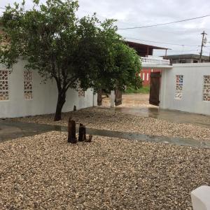 a courtyard with a tree and a white building at Yaya's House in Posorja
