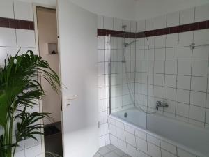 a bathroom with a tub and a plant at Black & Wood Design FeWo im Zentrum in Cottbus