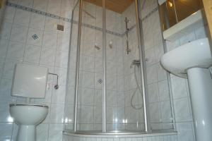 un bagno con doccia, WC e lavandino di Gasthof Bad Edling a Trofaiach