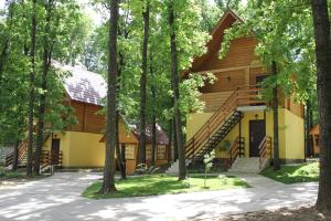 a log cabin with a staircase leading to the front of the building at Вілія in Lomacineţi
