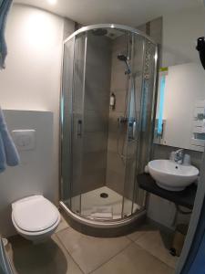 a bathroom with a shower and a toilet and a sink at Les Embruns in Trouville-sur-Mer