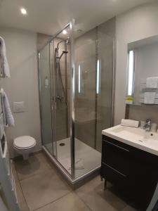 a bathroom with a shower and a toilet and a sink at Les Embruns in Trouville-sur-Mer