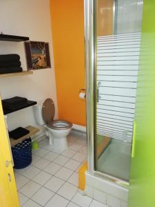 a bathroom with a toilet and a glass shower at Appartement idéal famille, vue sur mer. in Le Moule