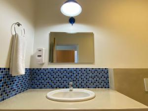 a bathroom with a sink and a mirror at Plett Beachfront Accommodation in Plettenberg Bay