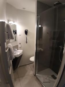 a bathroom with a shower and a toilet and a sink at Les Embruns in Trouville-sur-Mer