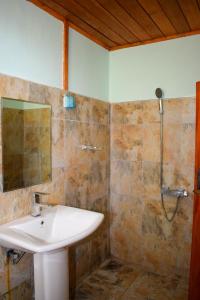 a bathroom with a sink and a shower at Rafters Retreat in Kitulgala