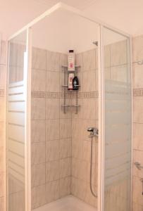 a shower with a glass door in a bathroom at Apartment Achilles in Litochoro