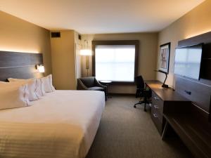 Habitación de hotel con cama, escritorio y TV. en Holiday Inn Express & Suites Plymouth - Ann Arbor Area, an IHG Hotel, en Plymouth