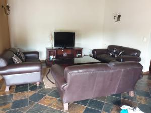 Makhato Bush Lodge 86 في بيلا بيلا: غرفة معيشة مع كنبتين جلديتين وتلفزيون