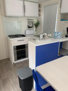 La cocina está equipada con fogones azules y blancos. en Villa Granja Sol en São Félix da Marinha
