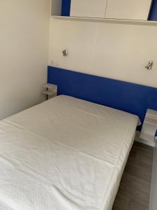 a bedroom with a white bed with a blue wall at Villa Granja Sol in São Félix da Marinha