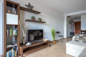a living room with a couch and a fireplace at Alamar Poolfront garden apartment Ref 46 in Mijas Costa