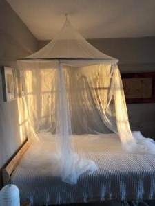 uma cama branca com dossel num quarto em SEA BREEZE STUDIO em Loutraki