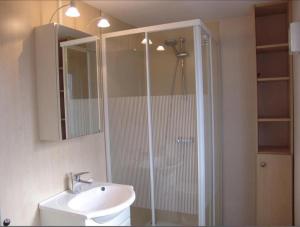 een badkamer met een douche, een wastafel en een spiegel bij RBR 655 - Beach Resort Kamperland in Kamperland