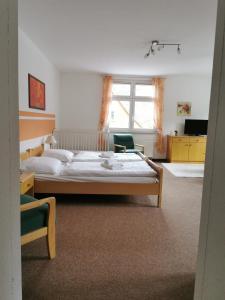 um quarto com uma cama grande e uma janela em Harzbaude - Pension Gasthaus Bodetal em Rübeland