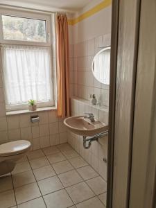 uma casa de banho com um lavatório, um WC e uma janela. em Harzbaude - Pension Gasthaus Bodetal em Rübeland