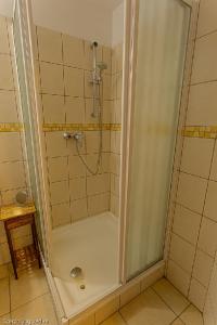 een douche met een glazen deur in de badkamer bij Balázs Szálló in Gyula