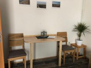 a wooden table with two chairs and a plant at Penzion Star Class in Frymburk