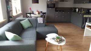 a living room with a gray couch and a table at Vitamine Zee in Petten
