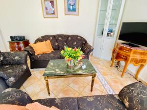 ein Wohnzimmer mit Sofas, einem Tisch und einem TV in der Unterkunft Residenz Bleichröder - Ferienwohnung 17 in Heringsdorf