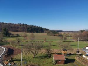 Blick auf ein Feld mit Bäumen und eine Straße in der Unterkunft Haus Kunterbunt in Mehlingen