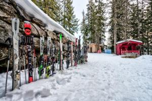 a bunch of skis are lined up in the snow at Hôtel La Sivolière in Courchevel