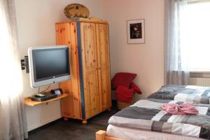 Schlafzimmer mit einem TV und einem Holzschrank in der Unterkunft Ferienwohnung Vicus - am Fuße des Schaumberges in Tholey