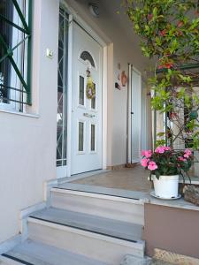 a front door of a house with a potted plant at la casa d’ Irene in Yiánnouli +25 photos