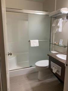 a bathroom with a shower and a toilet and a sink at Billy Barker Casino Hotel in Quesnel