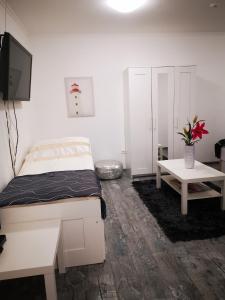 a bedroom with a bed and a tv and a table at Luxury Basement in the surrounding of Budapest in Mogyoród