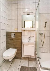 a bathroom with a toilet and a sink and a shower at Pensjonat Tara in Jeleśnia