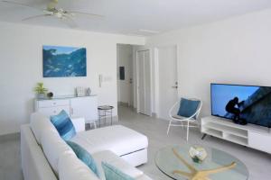 a living room with a white couch and a tv at Sea Glass Villa - Spacious 1 Bed, 2 Bath on West Coast in Saint James