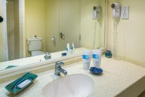 a bathroom with a sink and a toilet and a mirror at Rostrevor Hotel in Christ Church