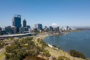 an aerial view of a city with a body of water at Ascot Comfort in Perth