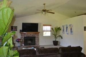 a living room with a couch and a fireplace at Blue Jay Paradise in Three Rivers