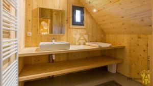 a bathroom with a sink in a wooden cabin at Le Paillaret in Besse-et-Saint-Anastaise +4 photos