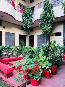 un edificio con bancos rojos y plantas delante de él en Singh Guest House, en Varanasi