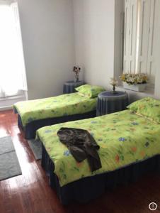 Habitación con 3 camas con sábanas verdes en Cantabria en Cabezón de la Sal
