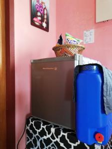 Un refrigerador en una habitación con una pared rosa. en Agimats Crib Palawan, en Puerto Princesa City