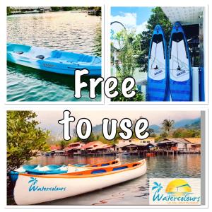 a collage of photos of boats on the water at Watercolours in Ko Chang