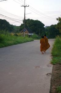 dos monjes caminando por un camino en Little Paradise, en Ban Phe