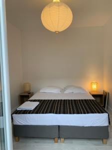 Un dormitorio con una cama grande con una lámpara de araña encima. en Residence Service Appart Hôtel, en Clamart