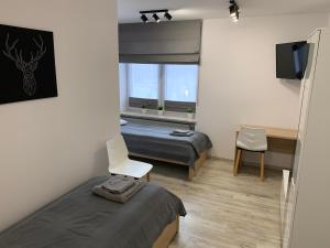 1 dormitorio con 2 camas, TV y ventana en Pokoje ANTRACYT, en Skarzysko-Kamienna
