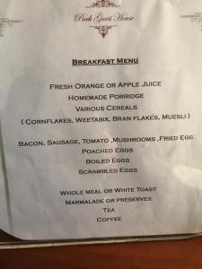 a menu for the breakfast menu at a restaurant at Park Guest House in Inverness